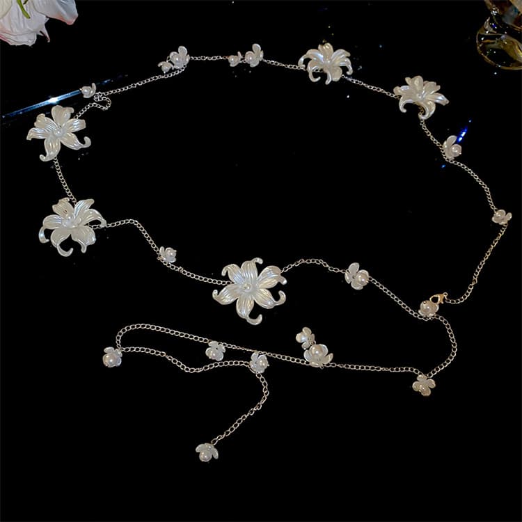 ネックレスチェーン 花モチーフ天然真珠ロング重ね付けシルバーネックレス体用チェーン付