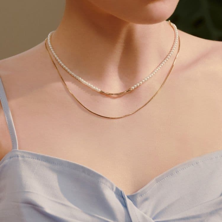 ネックレスチェーン 優雅な二連パールバーネックレス