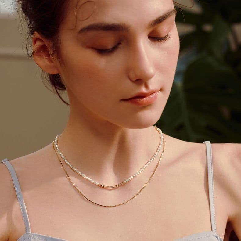 ネックレスチェーン 優雅な二連パールバーネックレス