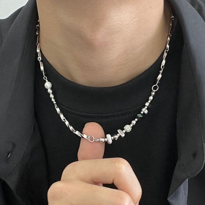 ネックレスチェーン 捻りウェーブ天然石デザインチタン