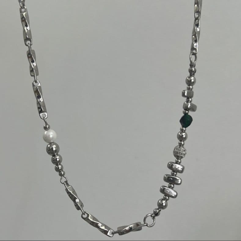 ネックレスチェーン 捻りウェーブ天然石デザインチタン