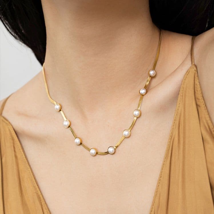 ネックレスチェーン 優美な真珠飾りスネークチェーン