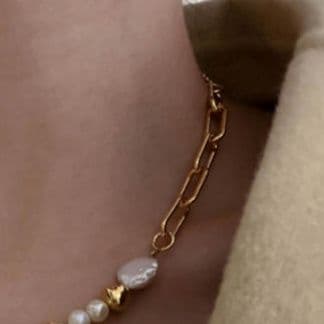 ネックレスチェーン ゴールド真珠付きゴールドチェーンネックレス 韓国風デザイン
