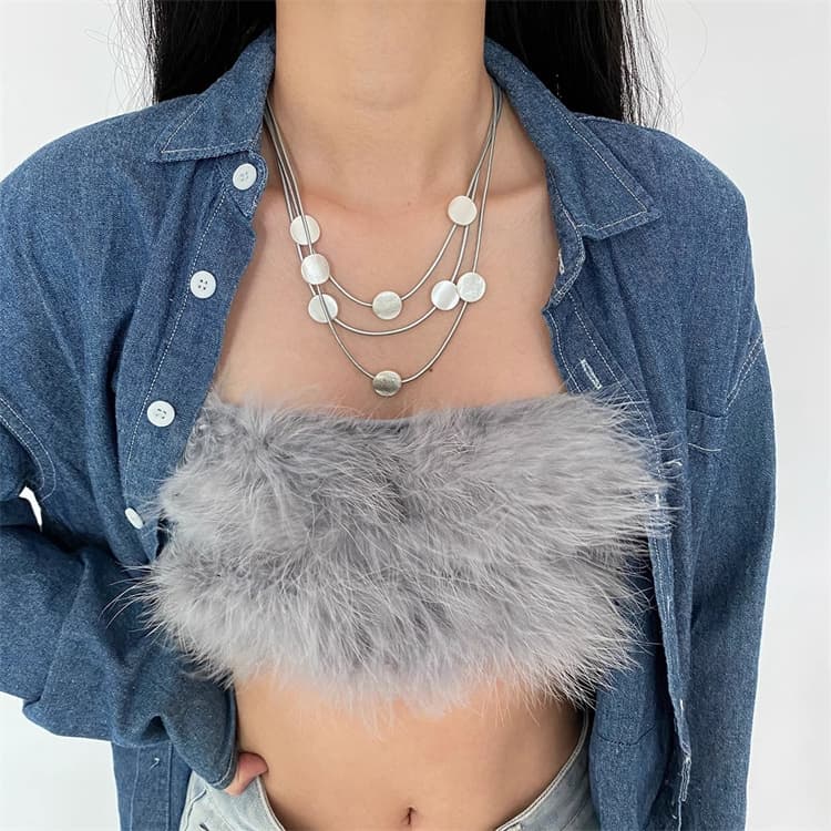 上品な重ね付け多層シルバーネックレスチェーン丸プレート付き