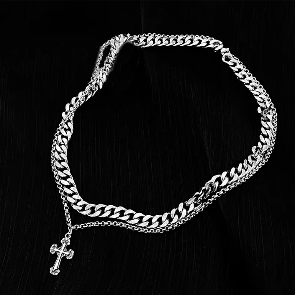 ネックレスチェーン 二重シルバーチェーン十字架ペンダント付きネックレス