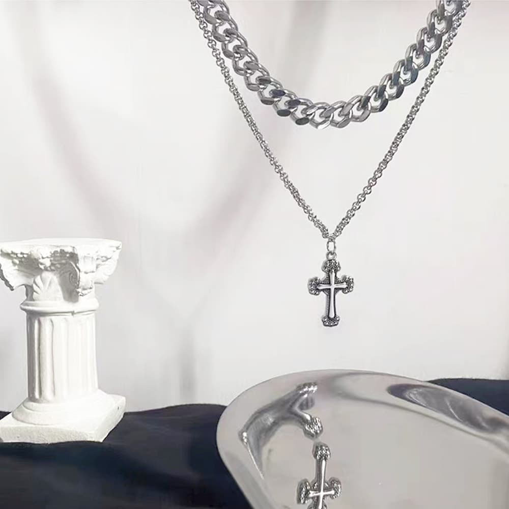 ネックレスチェーン 二重シルバーチェーン十字架ペンダント付きネックレス
