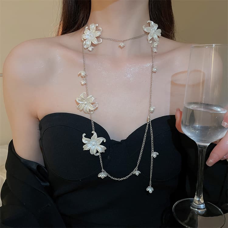 ネックレスチェーン 花モチーフ天然真珠ロング重ね付けシルバーネックレス体用チェーン付