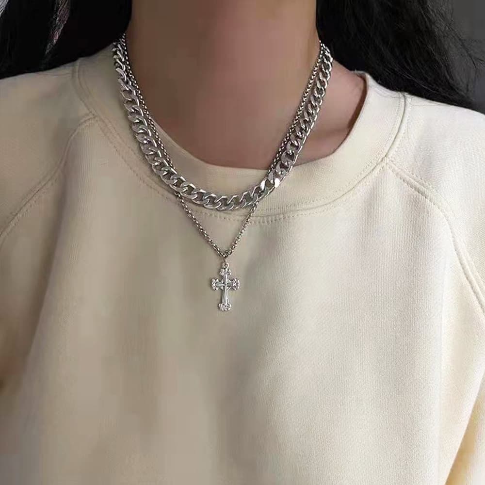 ネックレスチェーン 二重シルバーチェーン十字架ペンダント付きネックレス
