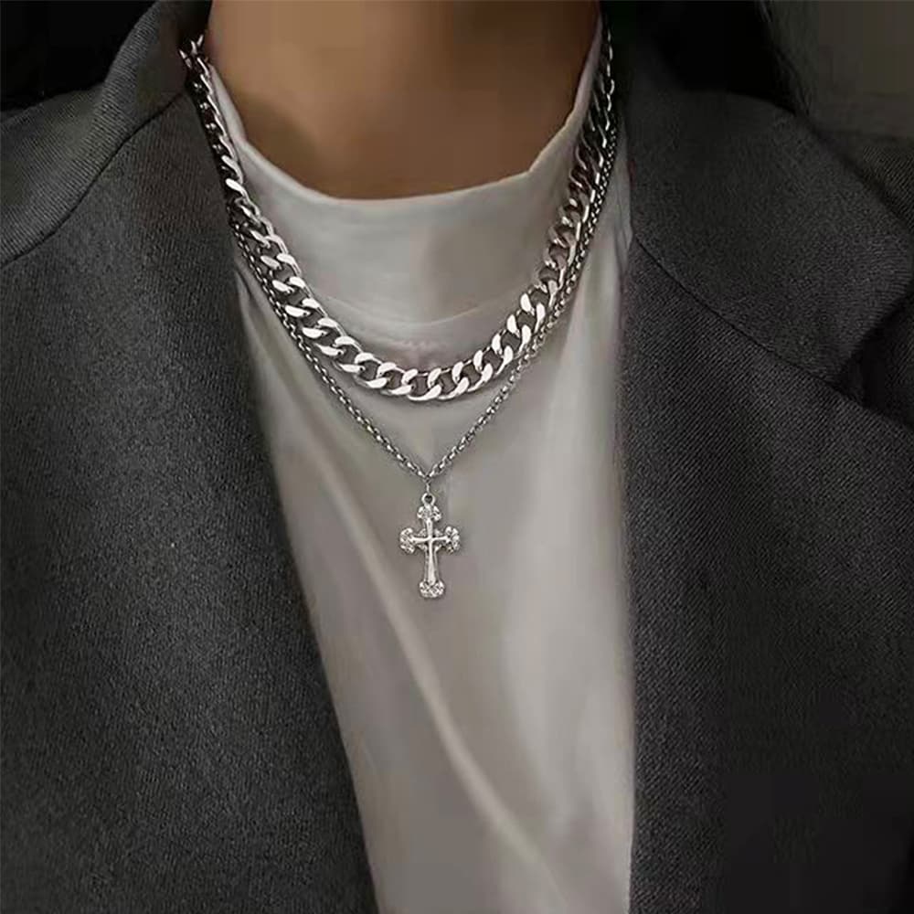 ネックレスチェーン 二重シルバーチェーン十字架ペンダント付きネックレス