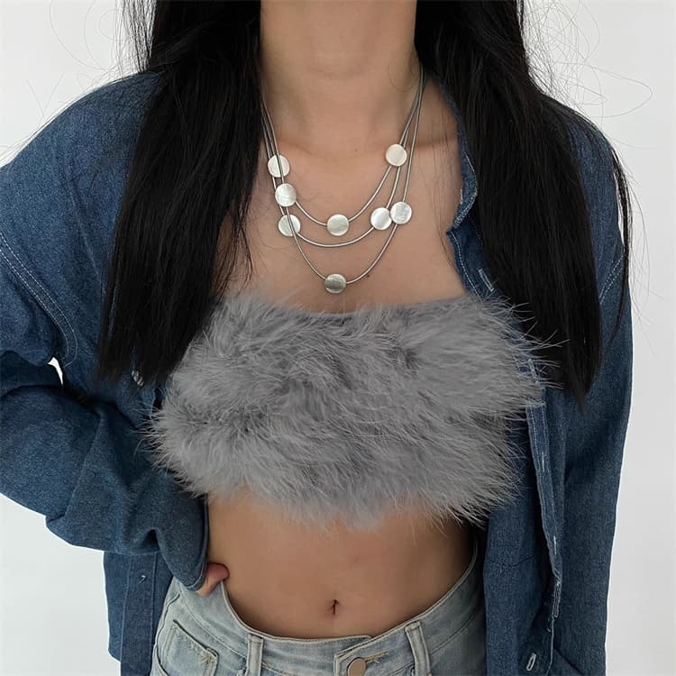 上品な重ね付け多層シルバーネックレスチェーン丸プレート付き