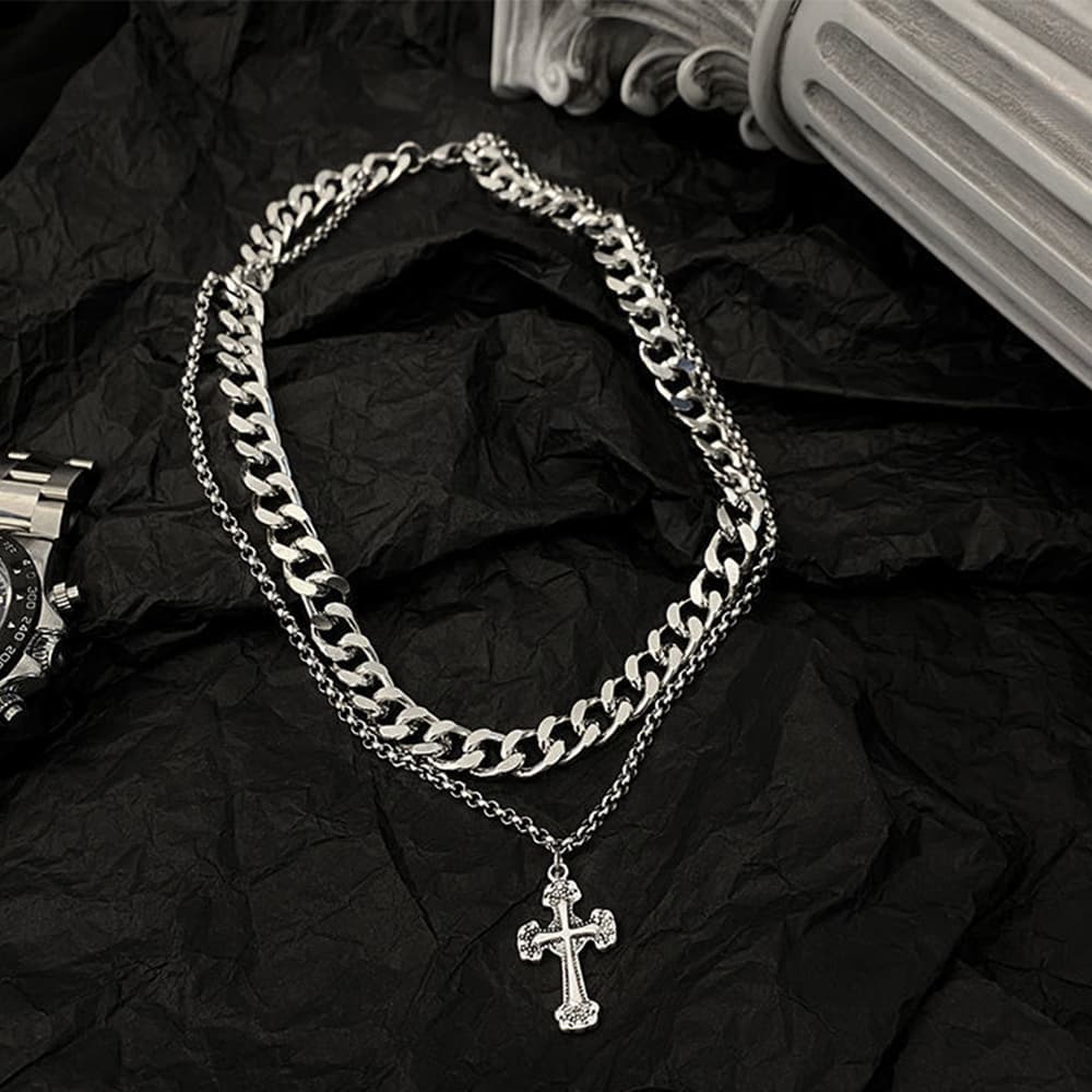 ネックレスチェーン 二重シルバーチェーン十字架ペンダント付きネックレス