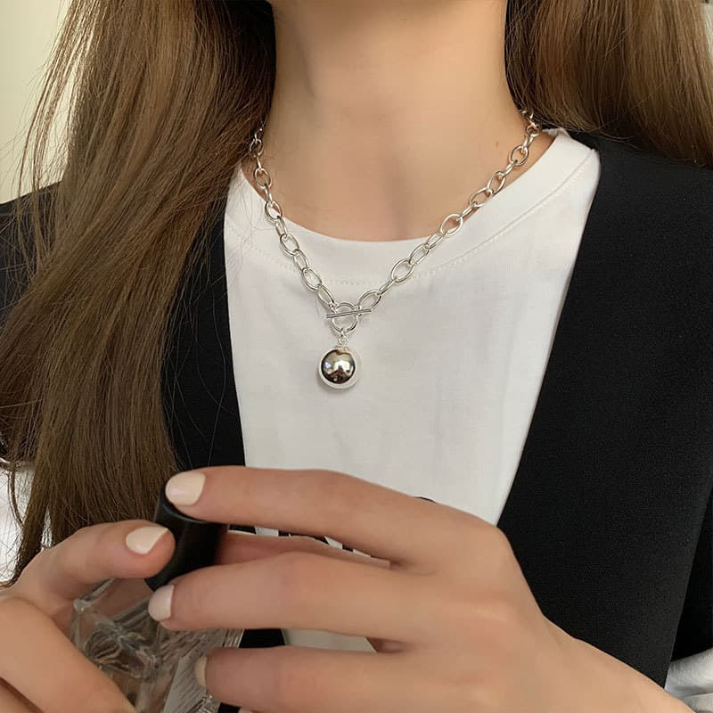ネックレスチェーン 球体チャーム付きシルバーチェーンネックレス