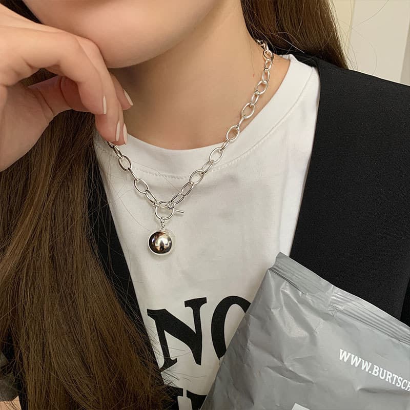 ネックレスチェーン 球体チャーム付きシルバーチェーンネックレス