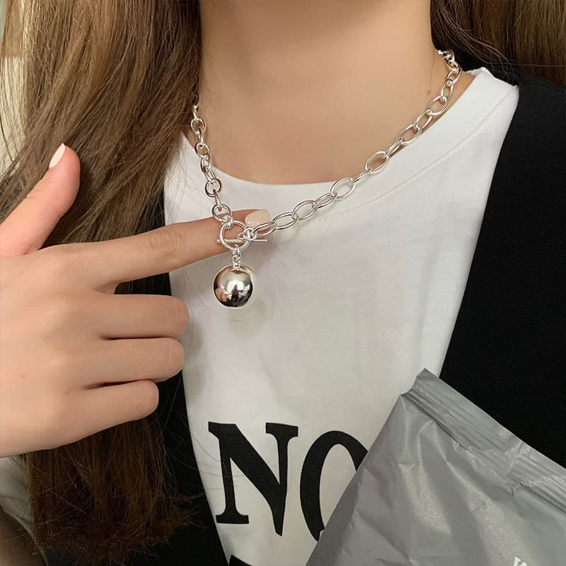 ネックレスチェーン 球体チャーム付きシルバーチェーンネックレス