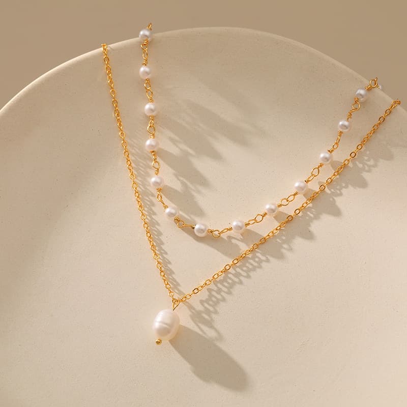 重ね付け風パールゴールドネックレスチェーン二連セット