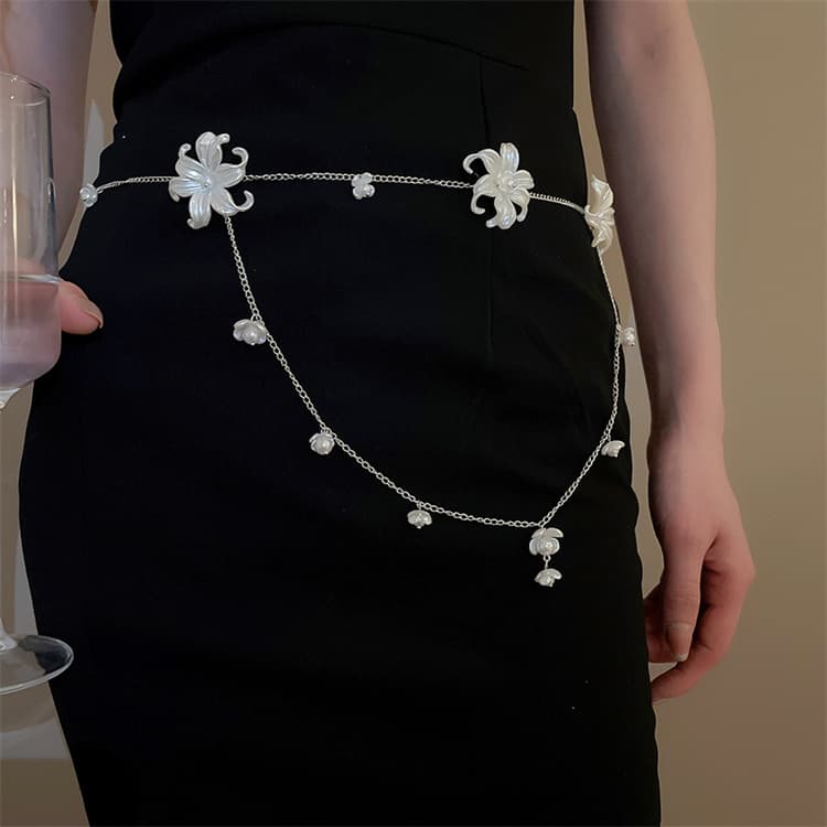 ネックレスチェーン 花モチーフ天然真珠ロング重ね付けシルバーネックレス体用チェーン付