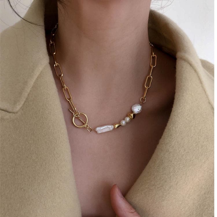 ネックレスチェーン ゴールド真珠付きゴールドチェーンネックレス 韓国風デザイン