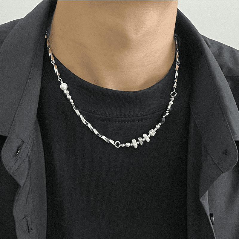 ネックレスチェーン 捻りウェーブ天然石デザインチタン