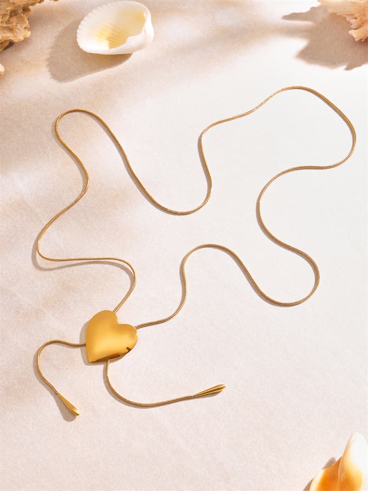 ネックレスチェーン ハート型飾り付き長さ調整式蛇腹チェーンネックレス