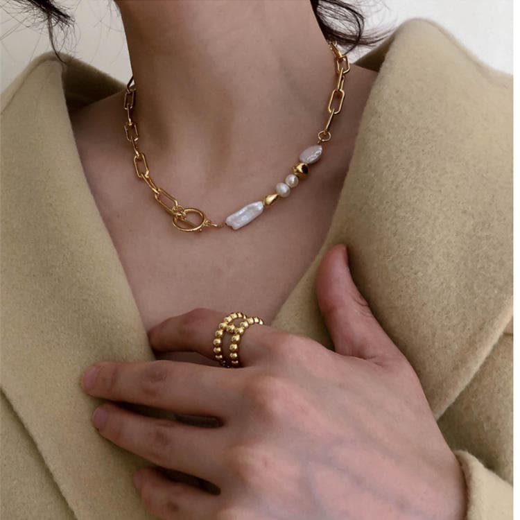 ネックレスチェーン ゴールド真珠付きゴールドチェーンネックレス 韓国風デザイン