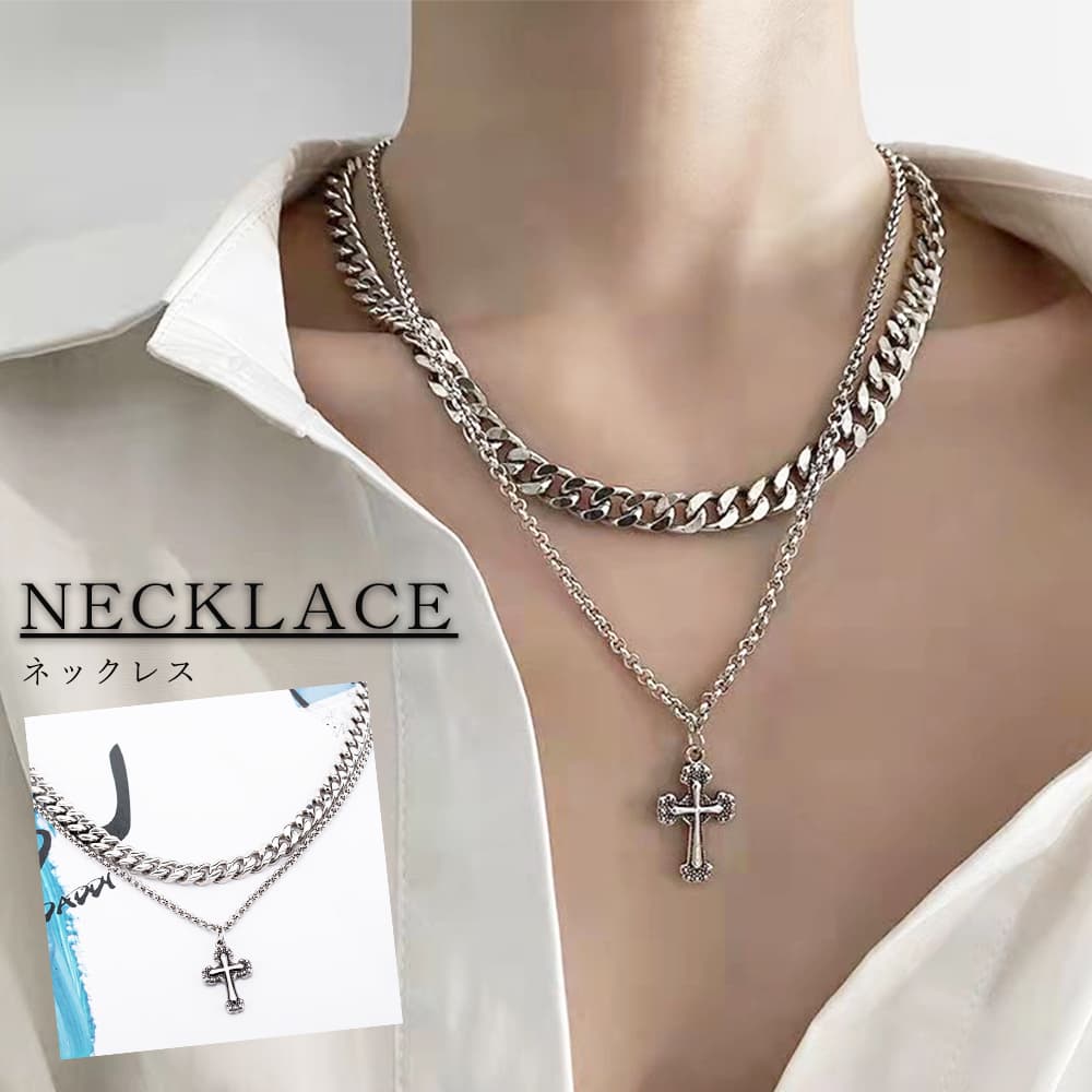 ネックレスチェーン 二重シルバーチェーン十字架ペンダント付きネックレス