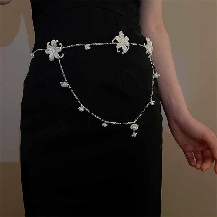 ネックレスチェーン 花モチーフ天然真珠ロング重ね付けシルバーネックレス体用チェーン付