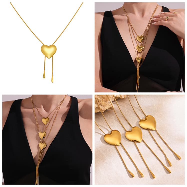 ネックレスチェーン ハート型飾り付き長さ調整式蛇腹チェーンネックレス