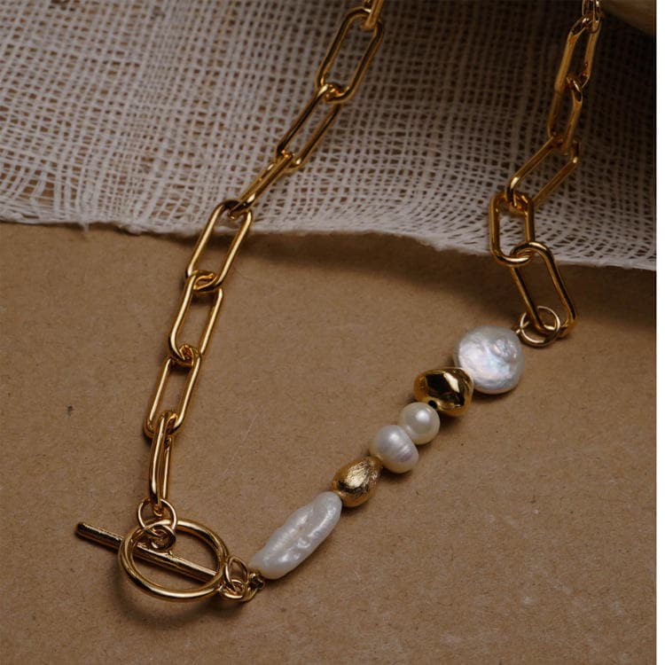 ネックレスチェーン ゴールド真珠付きゴールドチェーンネックレス 韓国風デザイン