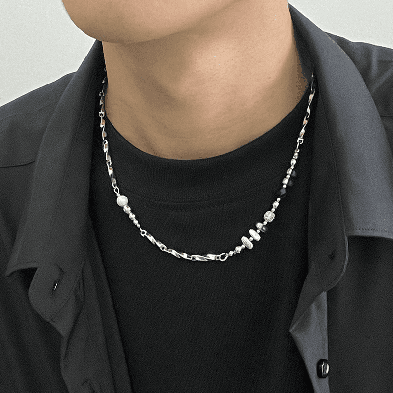 ネックレスチェーン 捻りウェーブ天然石デザインチタン