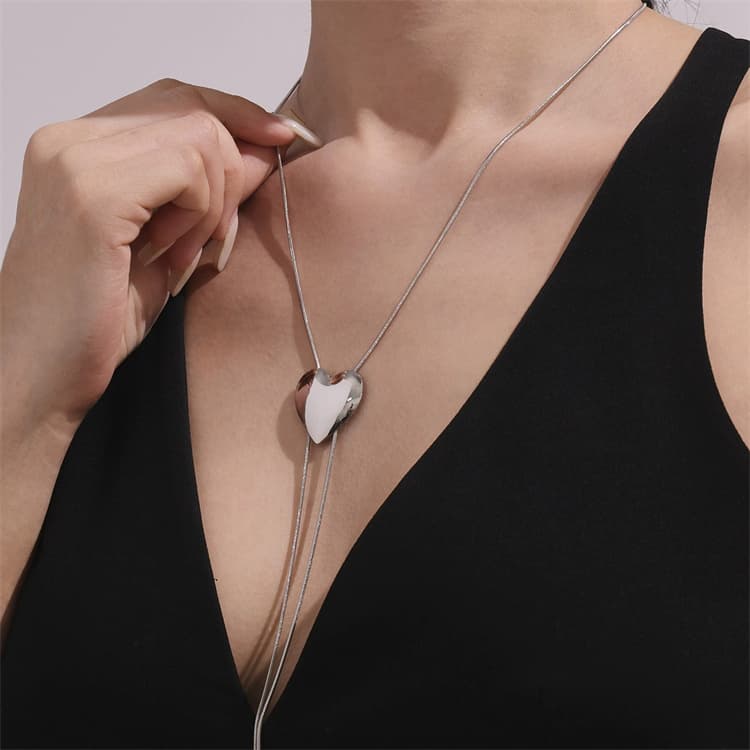 ネックレスチェーン ハート型飾り付き長さ調整式蛇腹チェーンネックレス