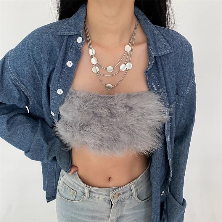 上品な重ね付け多層シルバーネックレスチェーン丸プレート付き