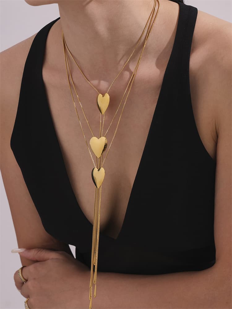 ネックレスチェーン ハート型飾り付き長さ調整式蛇腹チェーンネックレス