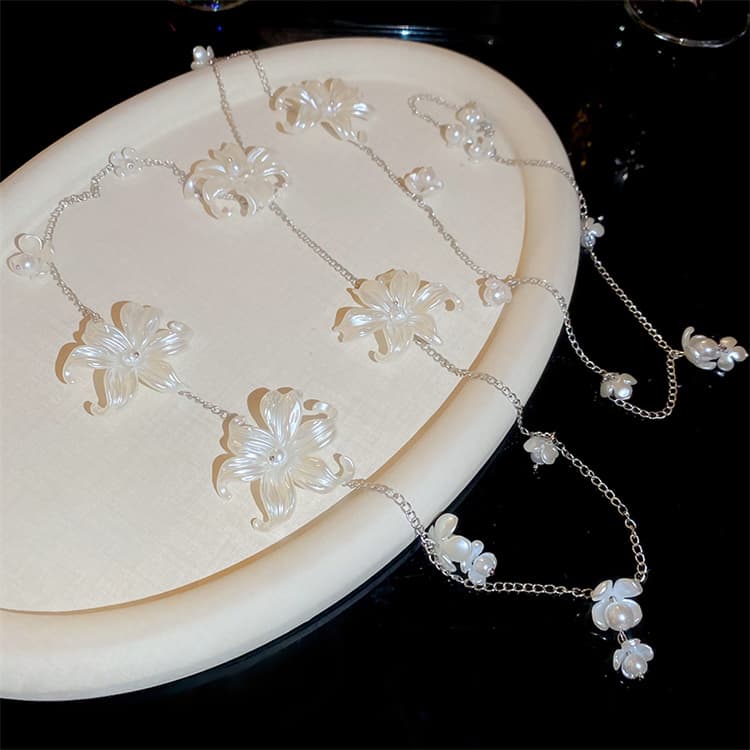 ネックレスチェーン 花モチーフ天然真珠ロング重ね付けシルバーネックレス体用チェーン付